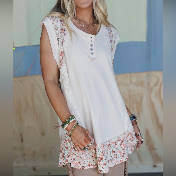 POL | NWT Sunlit Blooms Floral Lace Patchwork Oversized Tunic Top Blouse Shirt S - Picture 2 of 7